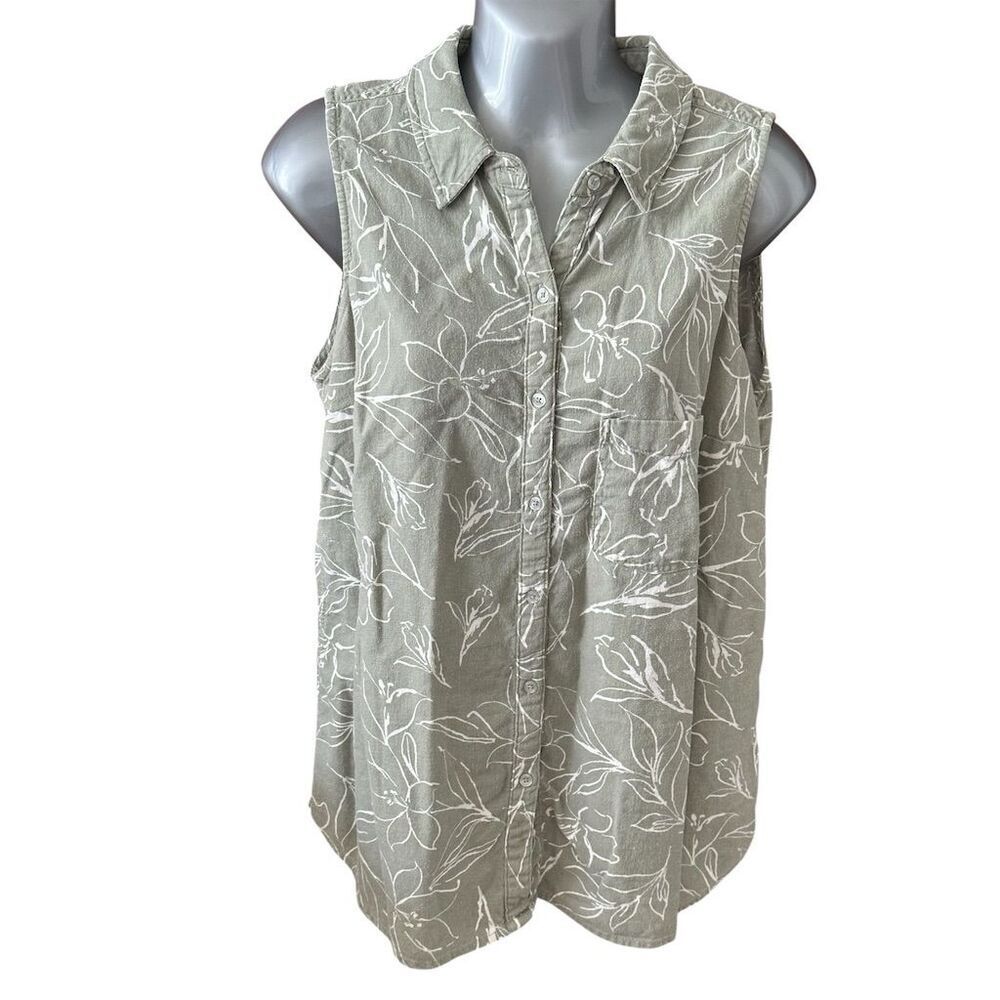Ecothreads Women's Sleeveless Green Floral Button Up Blouse Size M